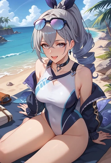 star rail,silver wolf,racerback swimsuit,striped trim,name tag patch  - AI generated anime art